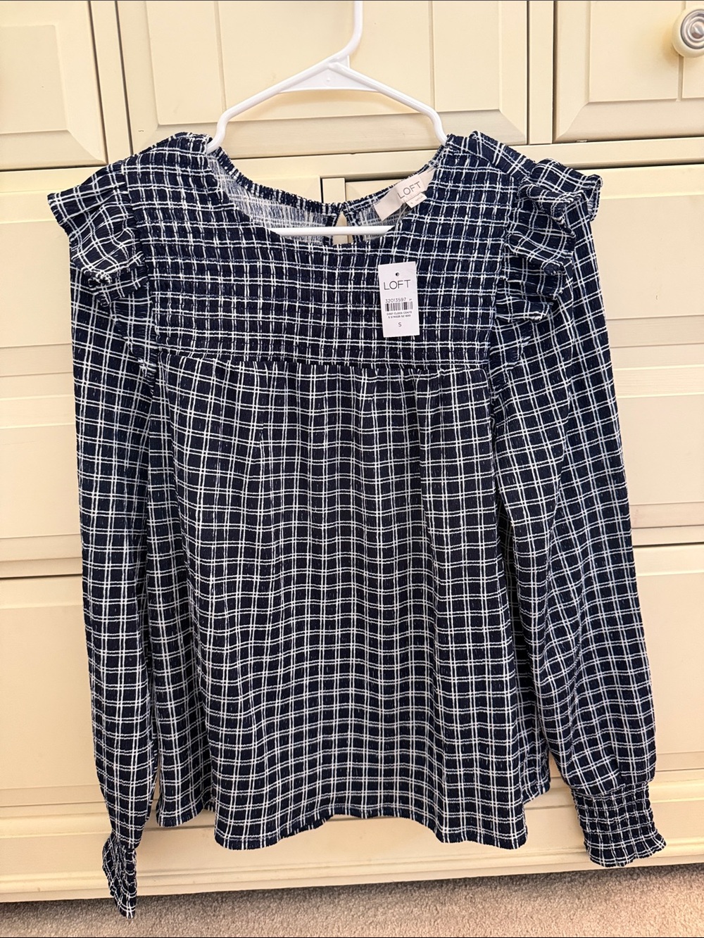 LOFT 🦞 NWT Navy/White Smock Grid Blouse size small